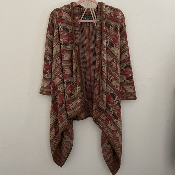 Lauren Ralph Lauren Open Cardigan Sweater S/M Southwestern Aztec Silk Blend - Picture 1 of 9